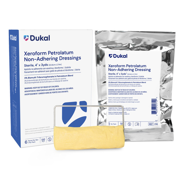 Dukal Xeroform Petrolatum Non-Adhering Dressing – Sterile, 4 in x 3 yds, 1.25 lb, 1/PK, 6PK/BX