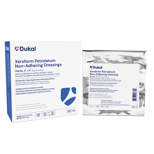 Dukal Xeroform Petrolatum Non-Adhering Dressing – 4 x 4 in, Sterile, 25/BX, 0.67 lb, 1/PK Packaging
