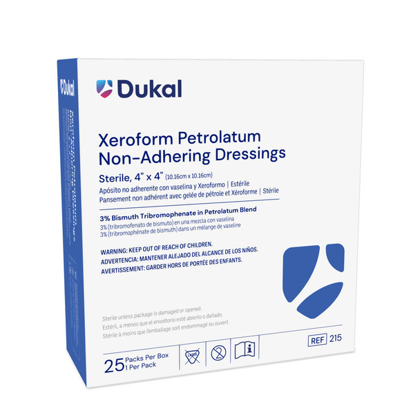 Dukal Xeroform Petrolatum Non-Adhering Dressing – 4 x 4 in, Sterile, 25/BX, 0.67 lb, 1/PK Packaging