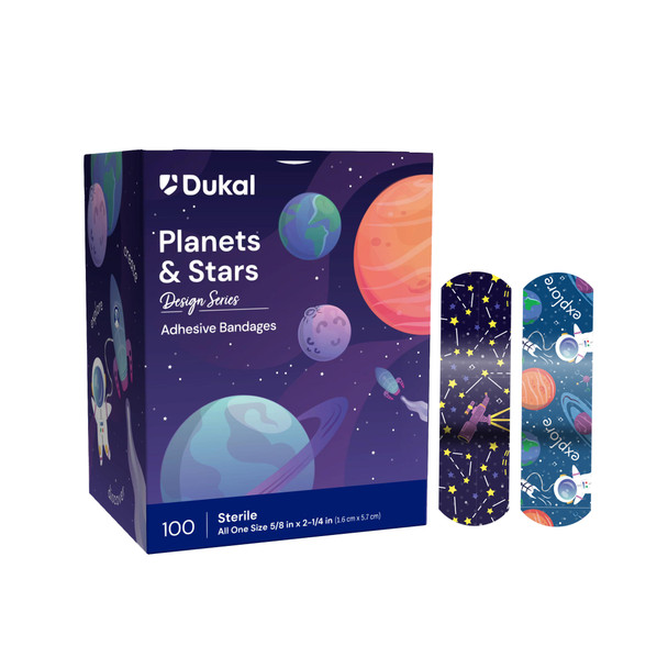 Dukal Design Series Planet and Stars Adhesive Bandages – Sterile, 5/8 x 2-1/4 in, 100/BX, 12 BX/CS