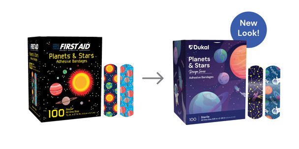 Dukal Design Series Planet and Stars Adhesive Bandages – Sterile, 5/8 x 2-1/4 in, 100/BX, 12 BX/CS