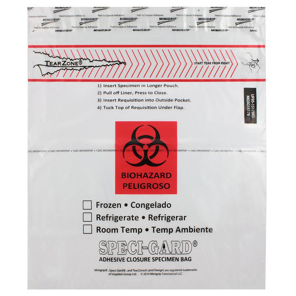 Medgen Speci-Gard Lab Specimen Transport Bags – 15×17 in, Permanent Adhesive Closure, TearZone EZ Open, 500/cs