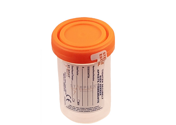 Medgen Standard specimen container – sterile, 3 oz (90 mL) capacity, orange lid, 4 bags of 100 per case