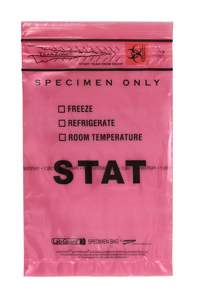 Medgen Lab STAT Specimen Transport Bags – 6×9 in, Single Zip Closure, Red Tint, Dispenserbag Package