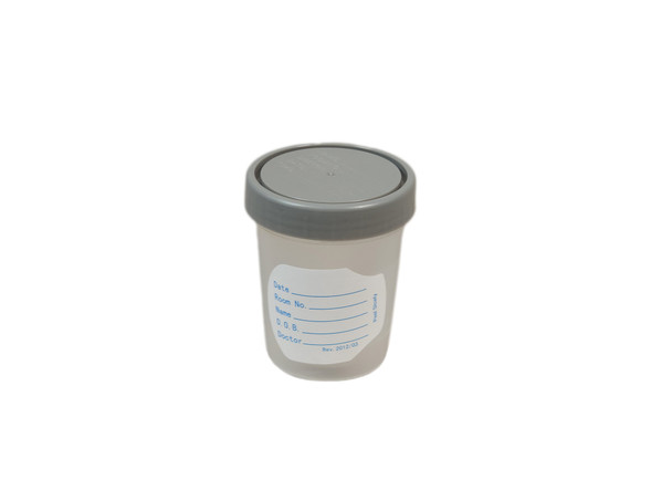 Medgen Gent-L-Kare Standard Specimen Container – 4 oz (120 mL), Individually Bagged, Gray Lid, 100/Case