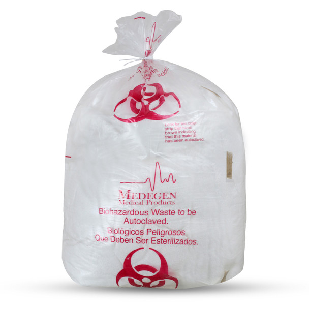 Medgen Autoclavable Biohazard Waste Bags – Polypropylene with Indicator, Flat Seal, Coreless Roll, 12×24