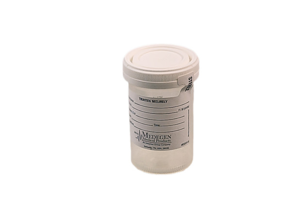 Medgen Standard Specimen Container – Sterile, Translucent with White Lid, 3 oz (90 mL) Capacity, 48 mm (1.9