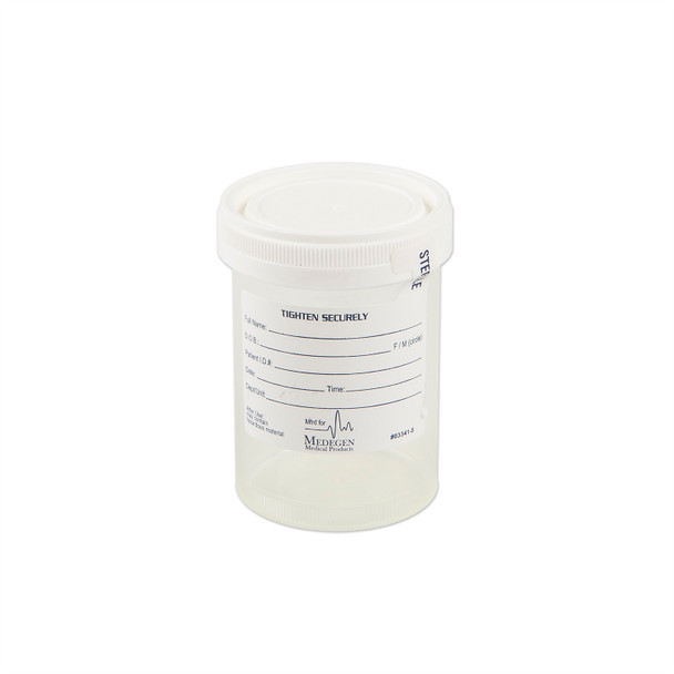 Medgen Standard Specimen Container – Sterile, 4 oz (120 mL) Capacity, Translucent with White Lid, 53 mm