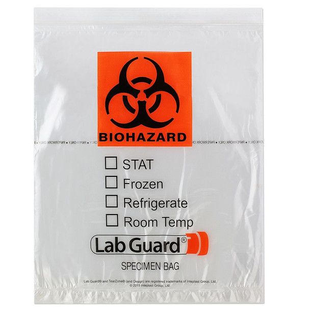 Medgen Lab Specimen Transport Bags – Single Zip Closure, 12×15 in, Tearzone EZ Open, Biohazard Symbol