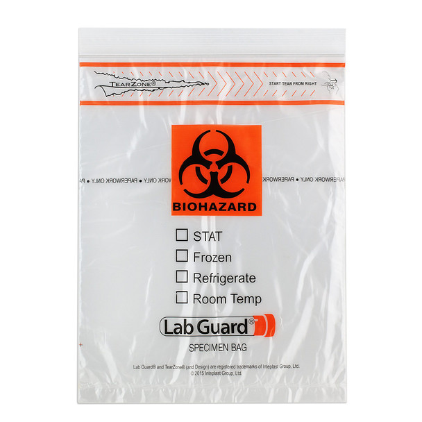 Medgen Lab Specimen Transport Bags – Single Zip Closure, 8×10 in, Clear/Blk & Org, TearZone EZ Open, 1000/cs