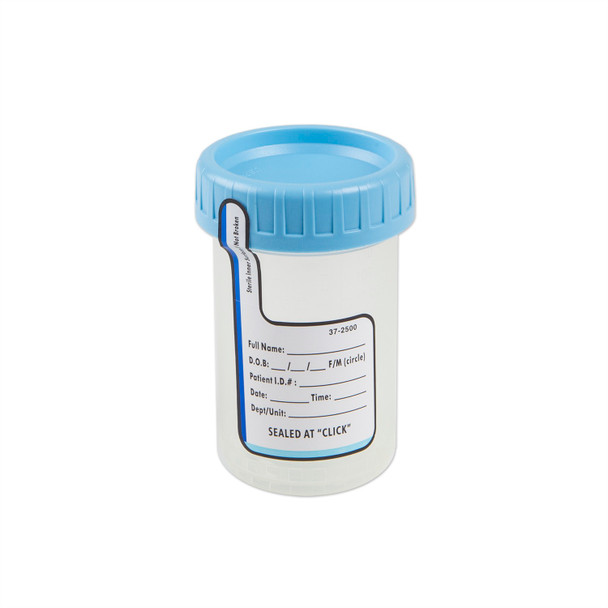 Medgen ClickSeal Specimen Container – Translucent, Blue Screw Cap, 4 oz (120 mL), Sterile, 300/case