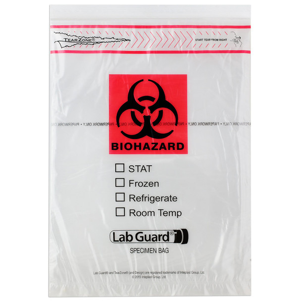 Medgen Lab Specimen Transport Bags – 9×12 in, Single Zip Closure, TearZone EZ Open, 1000/case