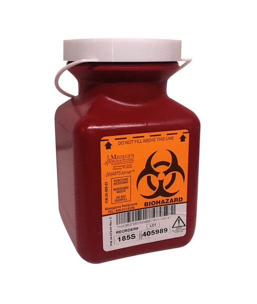 Medgen Non-Stackable Sharps Container – Polypropylene Construction, 0.7 Qt Capacity, Red/Black Locking Cap