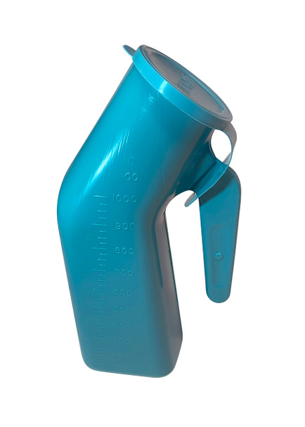 Medgen Urinals Male Urinal – Sterilizable, Blue, 1 qt/1000 cc Capacity, Hanging Handle, 12/Case