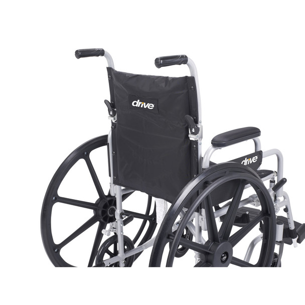 Drive Poly-Fly Wheelchair Transport Chair Combo rear view with push handles and Drive logo backrest