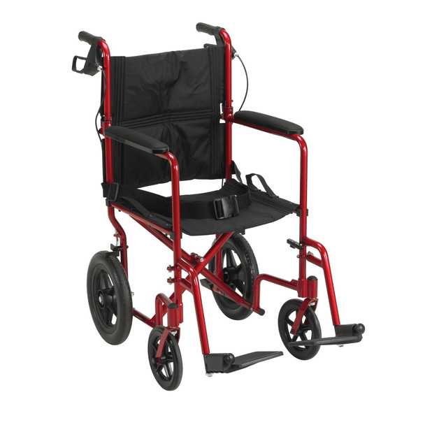 Drive Expedition Aluminum Transport Chair in red – front three-quarter view with seat belt