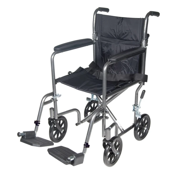 Drive Steel Transport Chair – front three-quarter view, silver vein frame, swing-away footrests