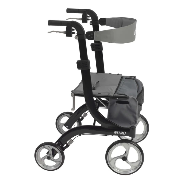 Drive Nitro Aluminum Rollator in Black, three-quarter view with storage bag