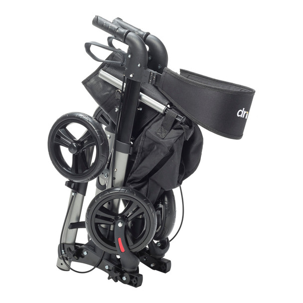 Drive Compact Folding Rollator folded upright for travel
