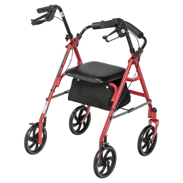 Drive Durable 4 Wheel Rollator in Red, three-quarter view with padded seat