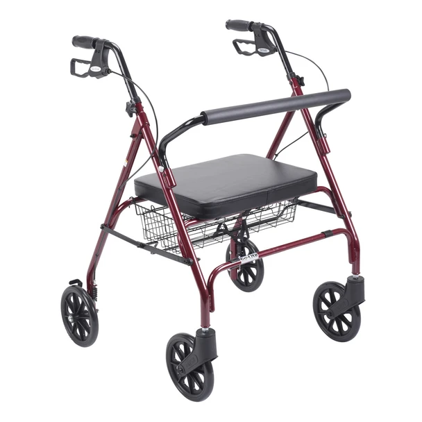 Drive Go-Lite Bariatric Rollator in Red, three-quarter view with oversized padded seat