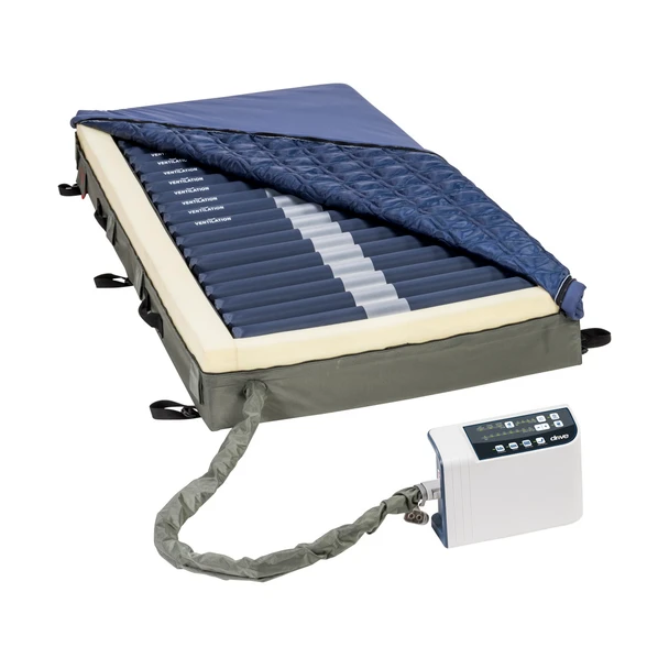 Drive PreserveTech Med-Aire Edge Mattress System with cover open showing air cells, foam perimeter and digital pump