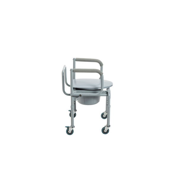 Drive Steel Drop-Arm Commode with Wheels side view showing the drop arm and swivel casters