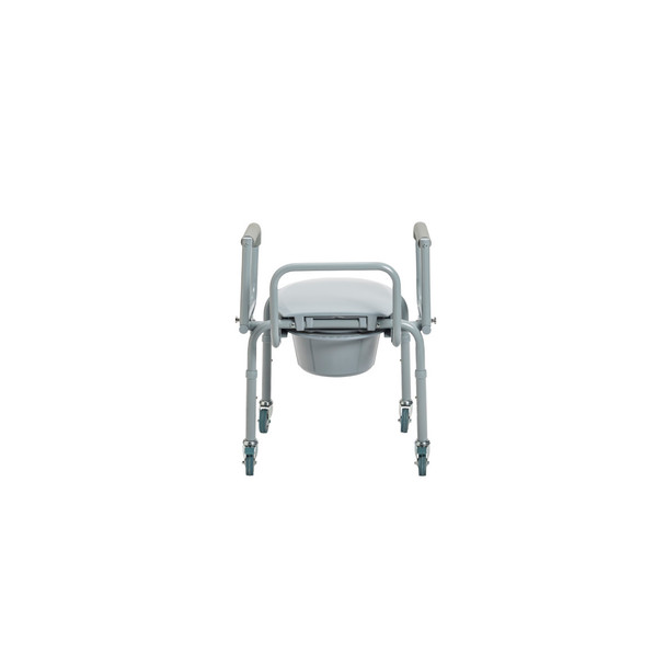 Drive Steel Drop-Arm Commode with Wheels rear view showing the commode bucket