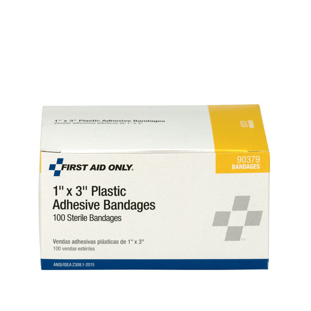 First 1"x3" Plastic Bandages – 100 per Box, 1" x 3", Non-Stick Pad, Water-Repellent Backing