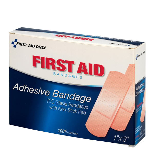 First 1"x3" Plastic Bandages – 100 per Box, 1"x3", Non-Stick Pad, Water-Repellent Backing, Ventilated Backing