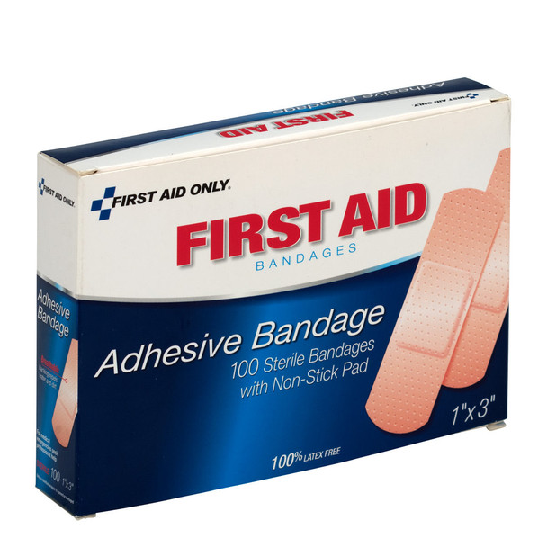 First 1"x3" Plastic Bandages – 100 per Box, 1"x3", Non-Stick Pad, Water-Repellent Backing, Ventilated Backing