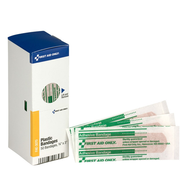 First SmartCompliance Refill 3/4"x3" Adhesive Plastic Bandages – 50 Per Box, 3/4" x 1", 3/4"x3"