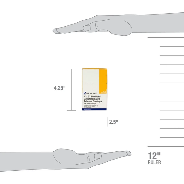First 1"x3" Blue Metal Detectable Fabric Bandages – 100 Per Box, 1" x 3", 1"x3", Non-Stick Pad