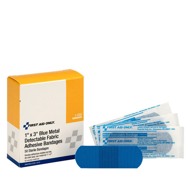 First 1"x3" Blue Metal Detectable Fabric Bandages – 50 Per Box, 1" x 3", 1"x3", Non-Stick Pad