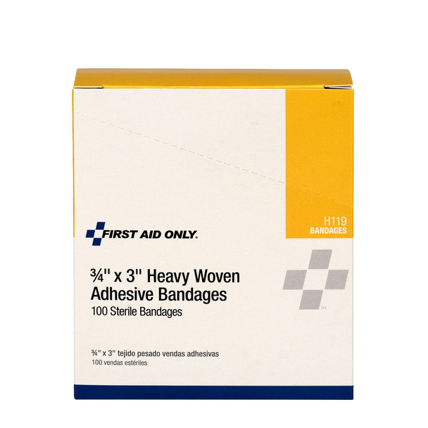 First 3/4"x3" Heavy Woven Fabric Bandages – 100 Per Box, 3/4" x 1", 3/4"x 3", Non-Stick Pad