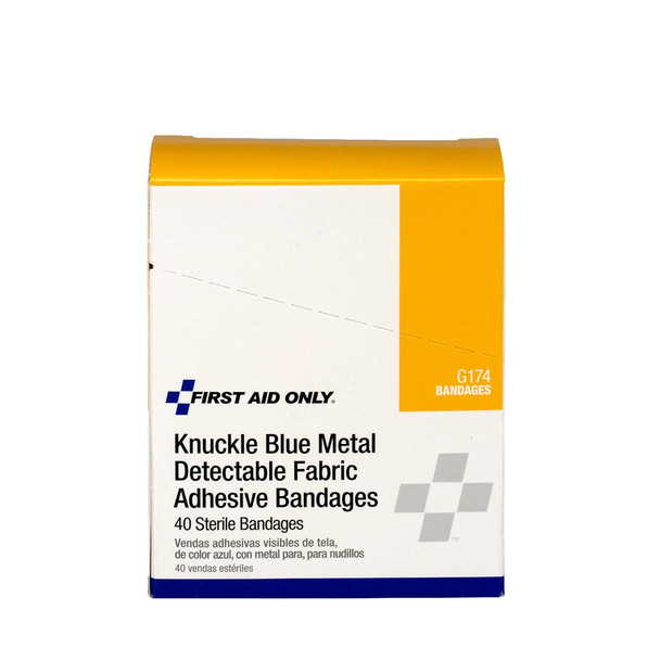 First Blue Metal Detectable Fabric Knuckle Bandages – 40 Per Box, Non-Stick Pad, Water-Repellent Backing