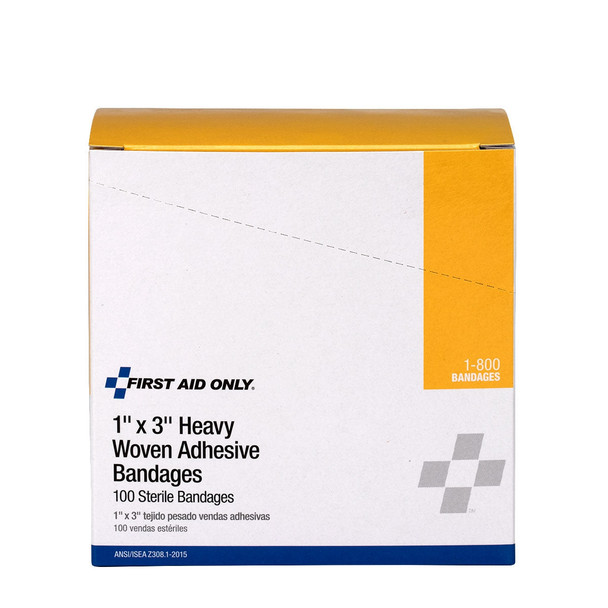 First 1"x3" Heavy Woven Fabric Bandages – 100 Per Box, 1" x 3", Non-Stick Pad, Water-Repellent Backing
