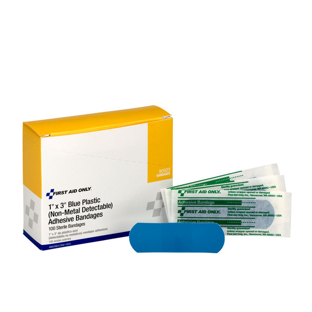 First 1"x3" Plastic Bandages Blue – 100 per Box, 1"x3", Non-Stick Pad, Water-Repellent Backing