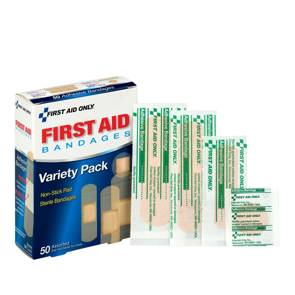 First Sheer Strips Bandages – Assorted Sizes, Box of 50, Ventilated Backing, 50 per box, For Dressing Changes