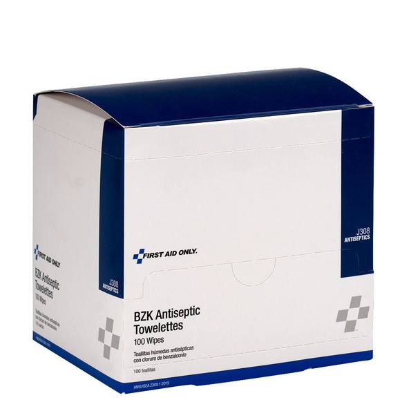 First BZK Antiseptic Wipes – 100 Per Box, Single-Use, For Workplace First Aid and Injury Care