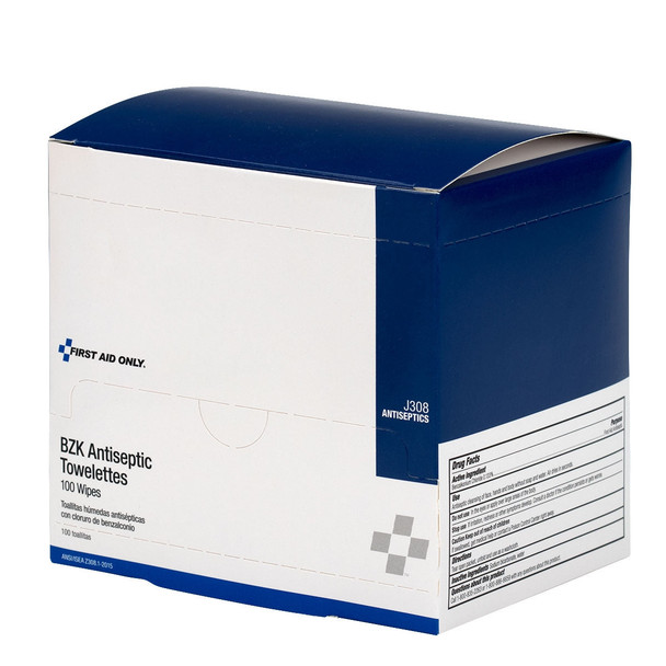 First BZK Antiseptic Wipes – 100 Per Box, Single-Use, For Workplace First Aid and Injury Care