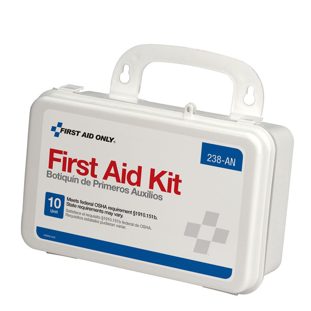 First 10 Unit First Aid Kit – Plastic Case, OSHA Compliant, Weatherproof Case, Wall Mounting Tabs