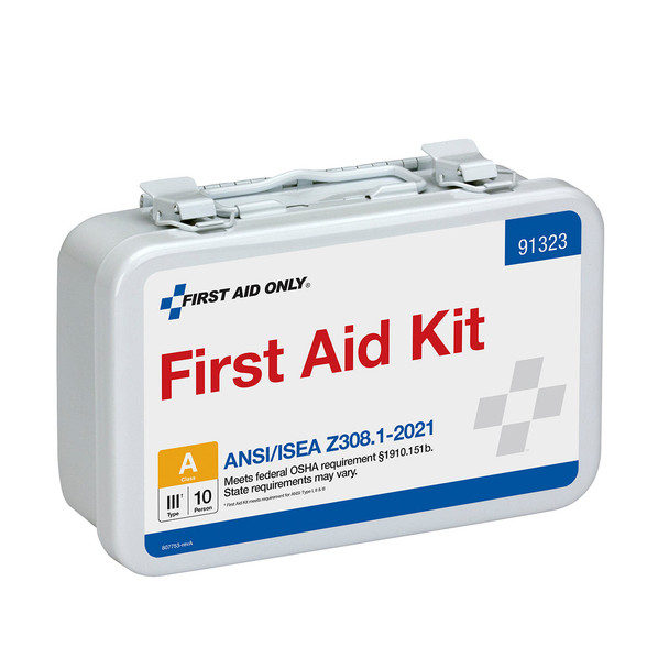 First 10 Person ANSI A Metal First Aid Kit – ANSI 2021 Compliant, Weatherproof Case, Wall Mounting Tabs