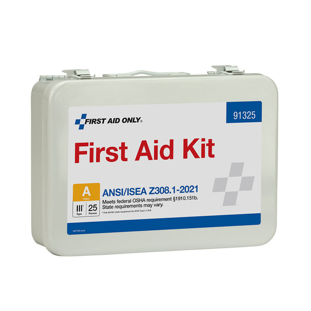 First 25 Person ANSI A Metal First Aid Kit – ANSI 2021 Compliant, Weatherproof Case, Wall Mounting Tabs