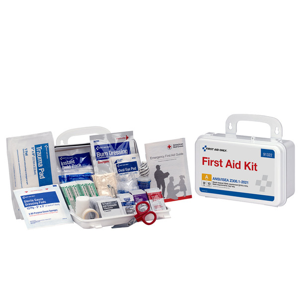 First 10 Person ANSI A Plastic First Aid Kit – ANSI 2021 Compliant, Weatherproof Case, Wall Mounting Tabs
