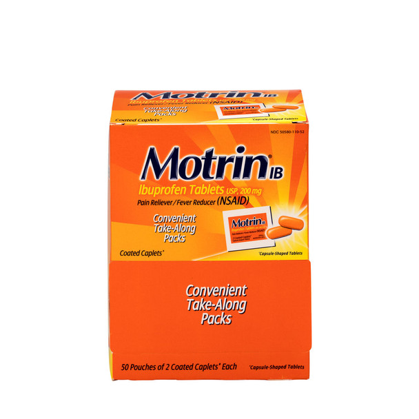 First Motrin Ibuprofen Individually Wrapped Medication – 50 Doses of Two Tablets, 200mg, For Workplace First