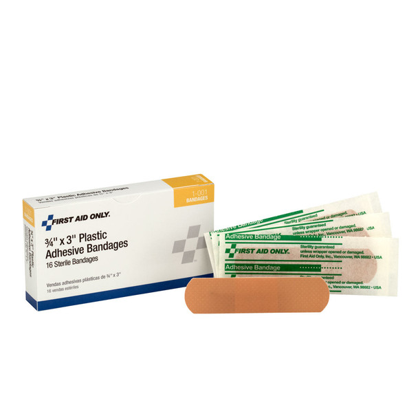 First 3/4"x3" Adhesive Plastic Bandages – 16 Per Box, 3/4" x 1", 3/4" x 3", Non-Stick Pad, Ventilated Backing