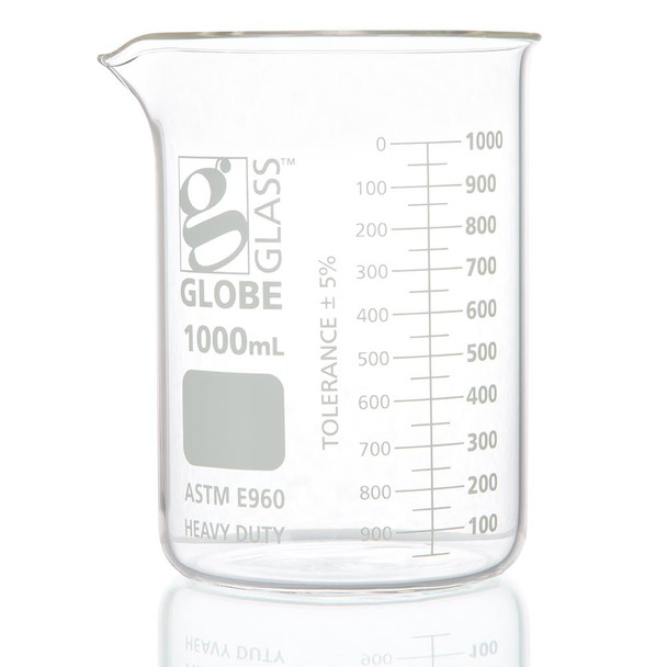 Globe 1000mL Beaker – Globe Glass, Low Form Griffin Style, Heavy Duty, Dual Graduations, 6/Pack