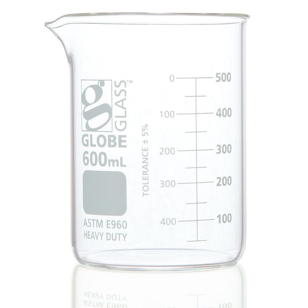 Globe 600mL Beaker – Globe Glass, Low Form Griffin Style, Heavy Duty, Dual Graduations, 6/Pack