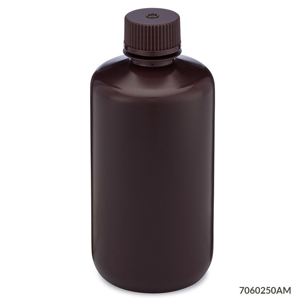 Globe Bottles, Diamond RealSeal, Narrow Mouth Boston Round, Amber Hdpe with Amber PP Closure, 250mL, 12/Pack